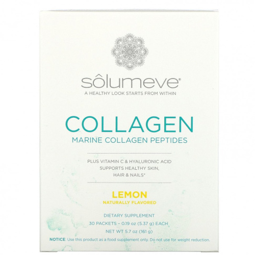 Solumeve, пептиды коллагена с витамином C и гиалуроновой кислотой, со вкусом лимона, 30 пакетиков по 5,37 г (0,19 унции)