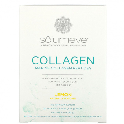 Solumeve, пептиды коллагена с витамином C и гиалуроновой кислотой, со вкусом лимона, 30 пакетиков по 5,37 г (0,19 унции)