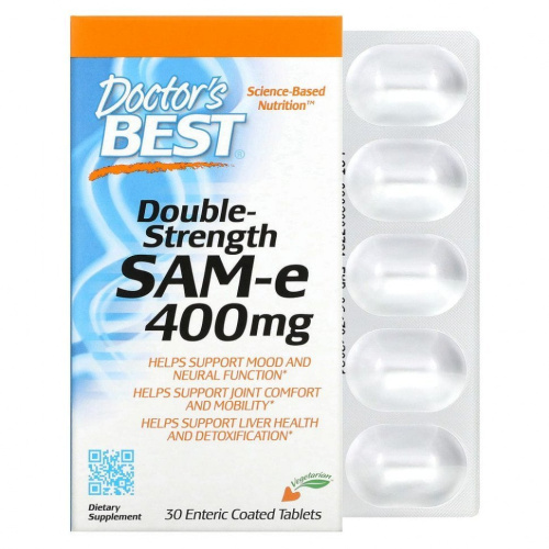 Doctor's Best, SAM-e, двойная сила, 400 мг, 30 таблеток, покрытых кишечнорастворимой оболочкой