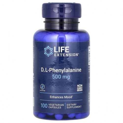 Life Extension, D, L-фенилаланин, 500 мг, 100 вегетарианских капсул